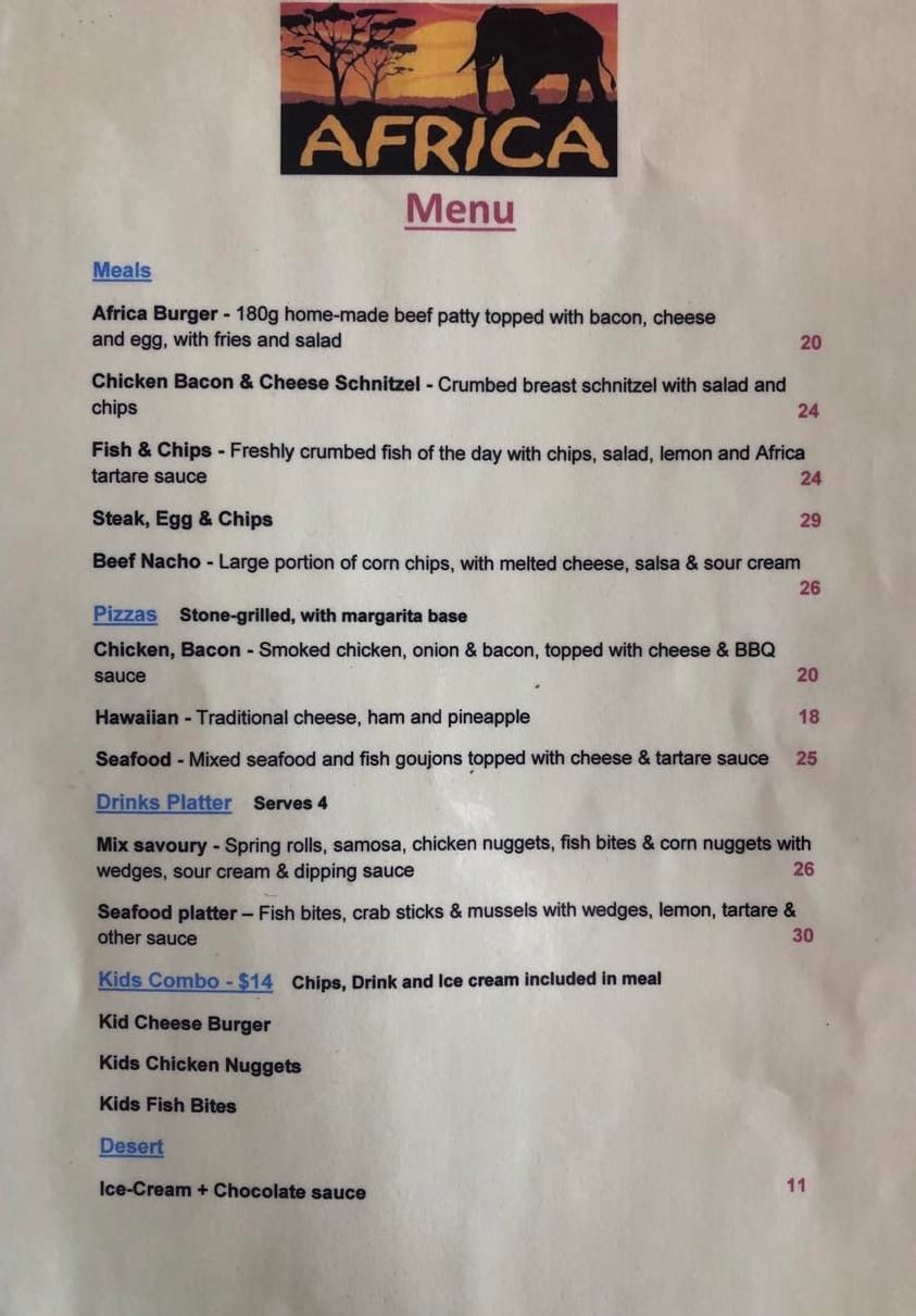 Africa Albany Lunch Dinner Menu Africa Restaurant Bar And 